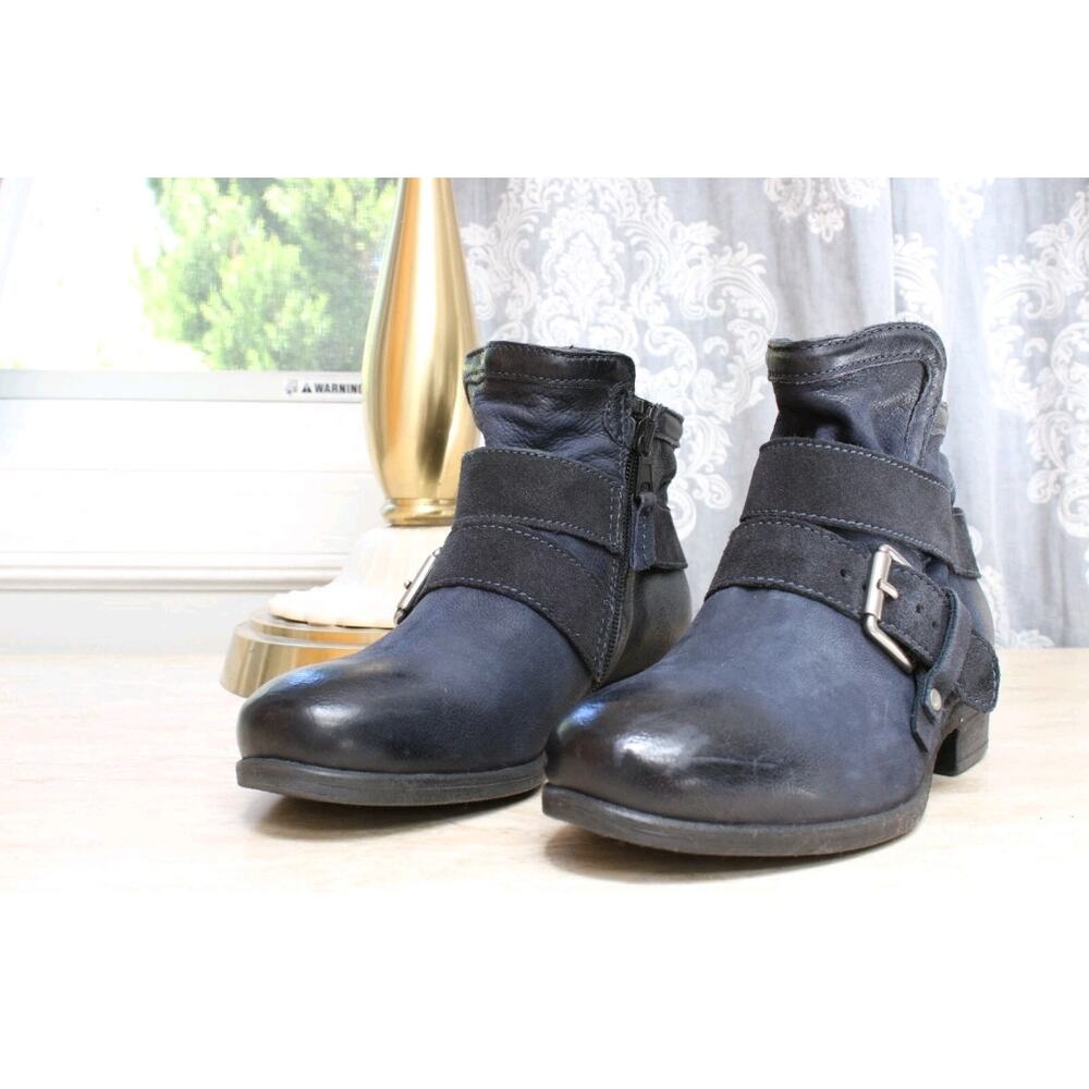 Miz Mooz Spencer Leather Buckle Ankle Boots Ocean Blue Sz EU 37 US 7 Grunge Y2K